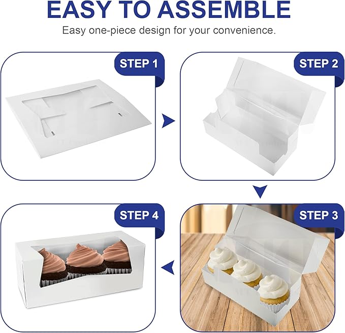 MT Products White Cupcake Boxes 9" x 4" x 3.5" - Auto Pop-Up Bakery Boxes with Window (Pack of 200) - Made in the USA