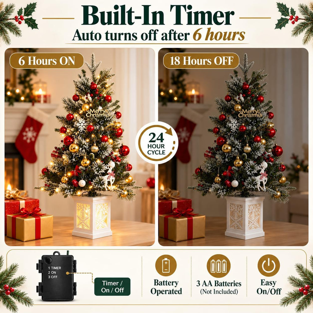 3 Ft Pre-Lit Christmas Tree, Artificial Christmas Tree with Base, Xmas Tree w...