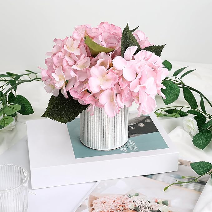 Flower Table Centerpieces - Set of 6 Floral Arrangement Artificial Wedding Hydrangeas Floral Arrangement with Rustic Metal Vase for Bridal Tea Party Event Decorations - Pink