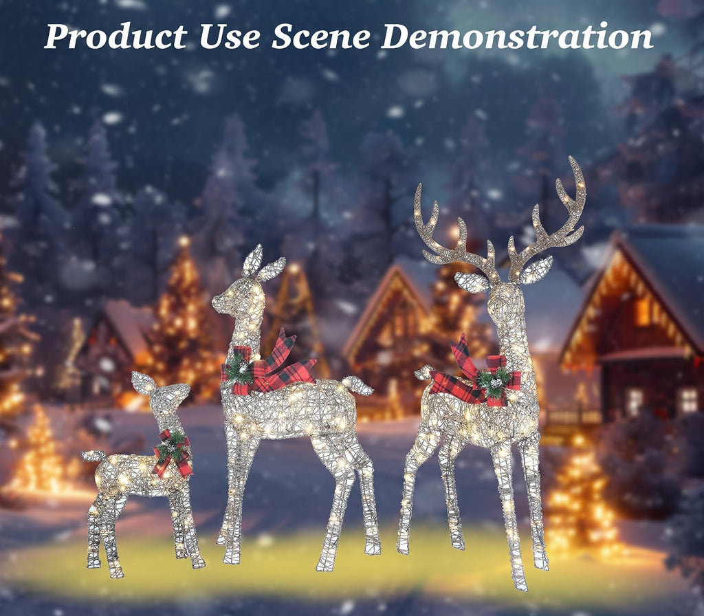 58 Inch 3D Woven Large Lighted Christmas Deer Decorations 3-Piece Outdoor Holiday Decorations Reindeer Set with 210 Warm White LEDs, Large Yard Display for Garden, Storefront