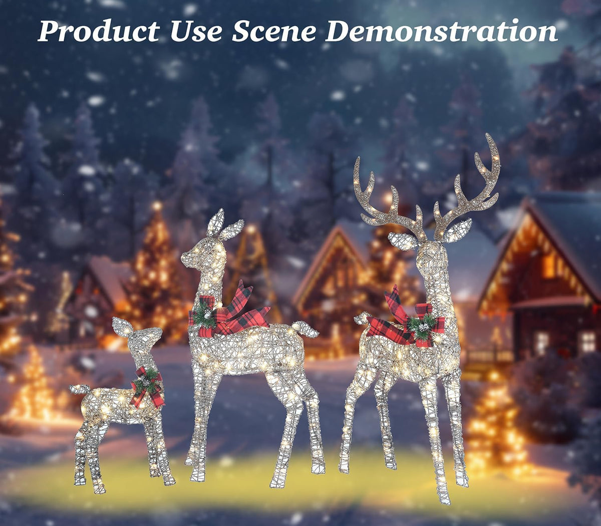 58 Inch 3D Woven Large Lighted Christmas Deer Decorations 3-Piece Outdoor Holiday Decorations Reindeer Set with 210 Warm White LEDs, Large Yard Display for Garden, Storefront