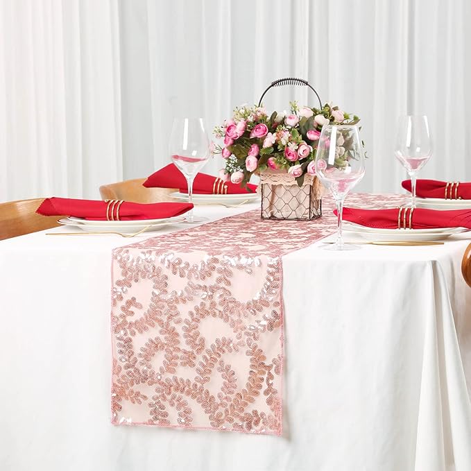 Wedding Sequin Table Runner Rose Gold Flower 10 Packs 12x108 Inch Glitter Table Runners for Banquet Table Decoration Sparkly Table Overlay