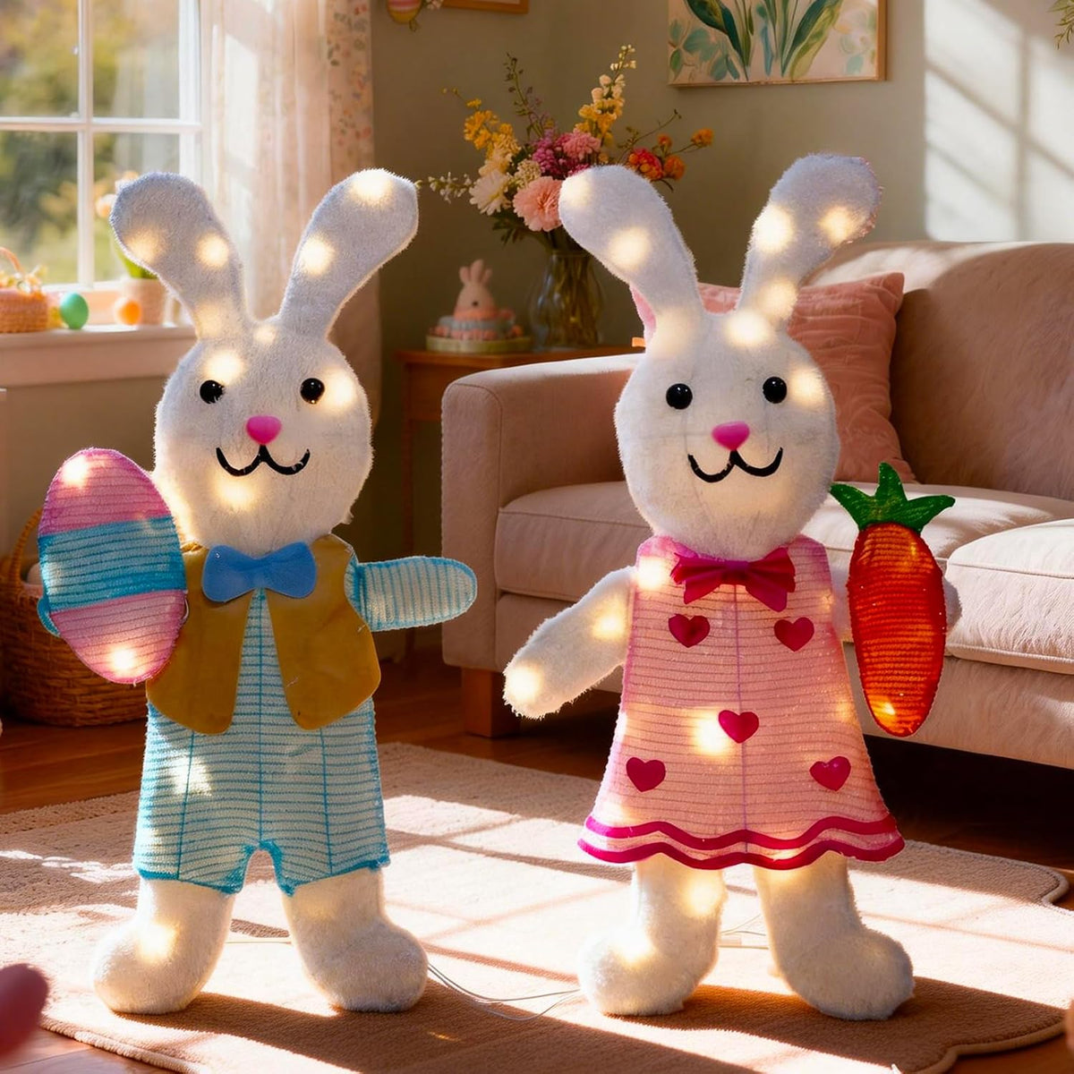 2 Pcs Outdoor Easter Decorations Lighted Bunny with 60 LEDs Warm White Lights, Easy Assembly 2D Easter Decor for Outdoor, Garden, Lawn, Patio