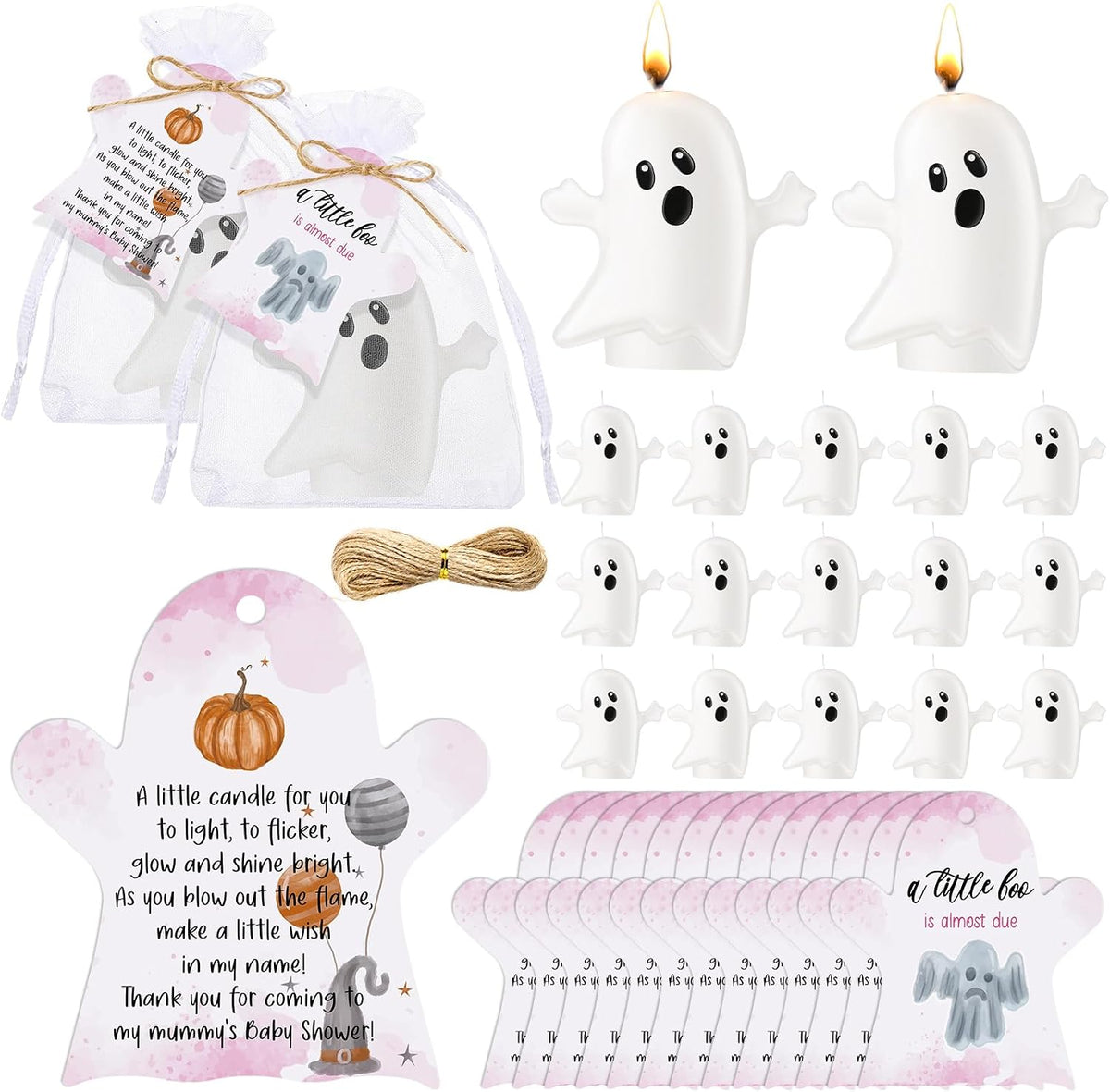 MTLEE 50 Sets Halloween a Little Boo is Almost Du Baby Shower Favors Cute Ghost Candles Unscented with Mini Ghost Thank You Cards Bags for Halloween Boo Gender Reveal Party Supplies (Pink)