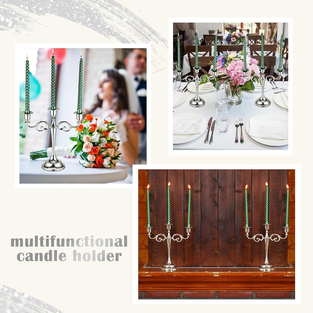 3 Pcs 3 Arm Metal Candelabra Candle Holder, Classic, 10", Silver