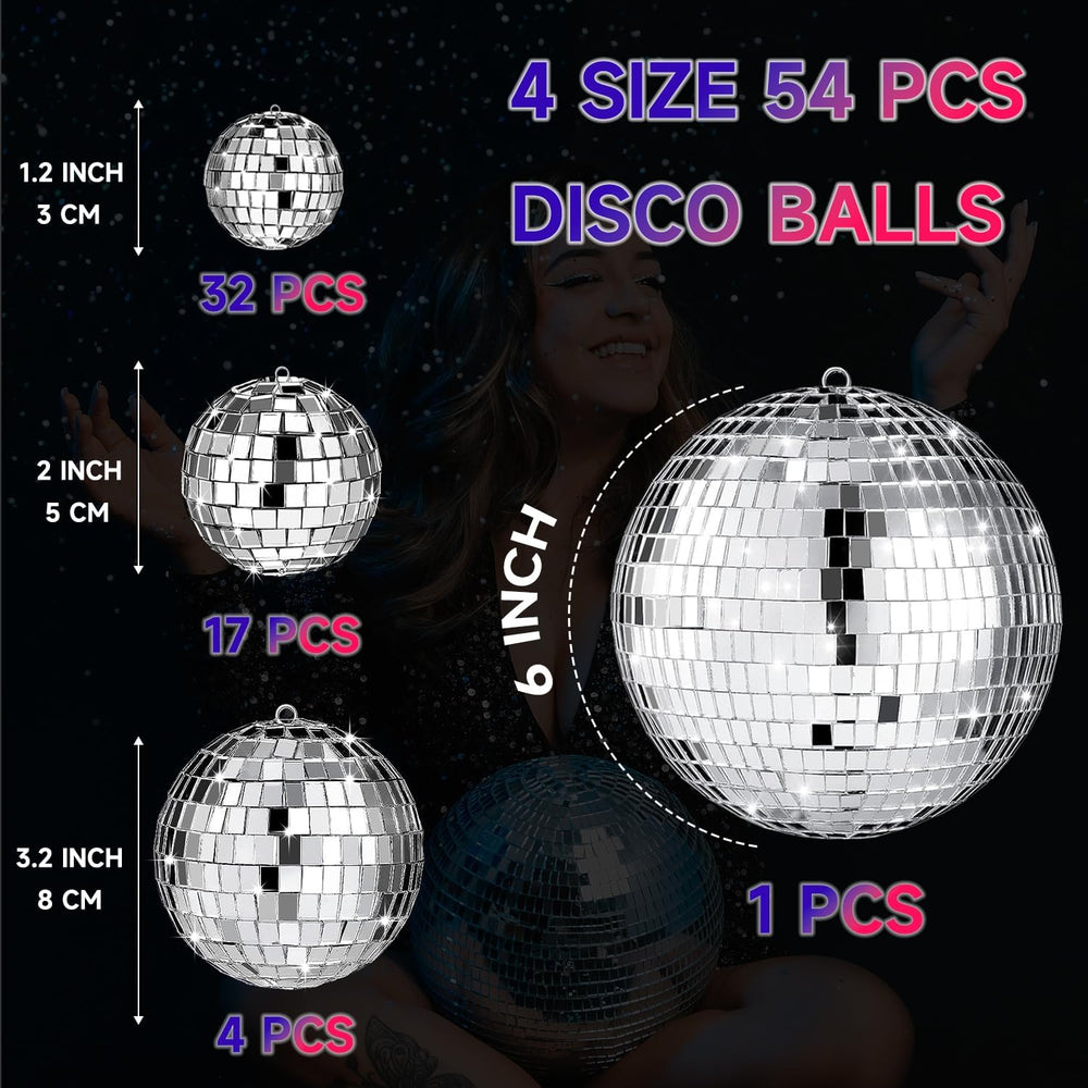 54 Pcs Disco Ball Hanging Decor - Mini Silver Mirror Ball Cake Topper for 74s...