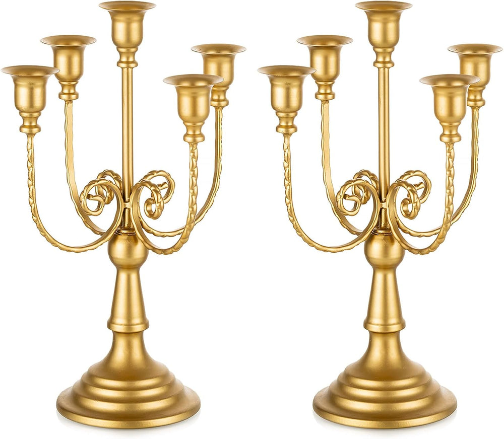 Romadedi Gold 5 Arm 11.8" Candelabra Candle Holders, Set of 2