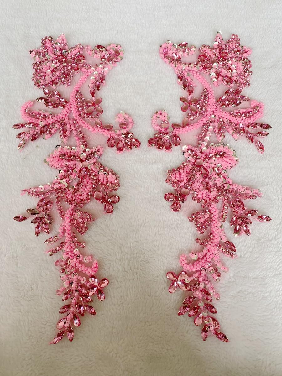 Handmade Rhinestones on Lace Applique Trim Sewing Beads Sequins Trim Patches ...
