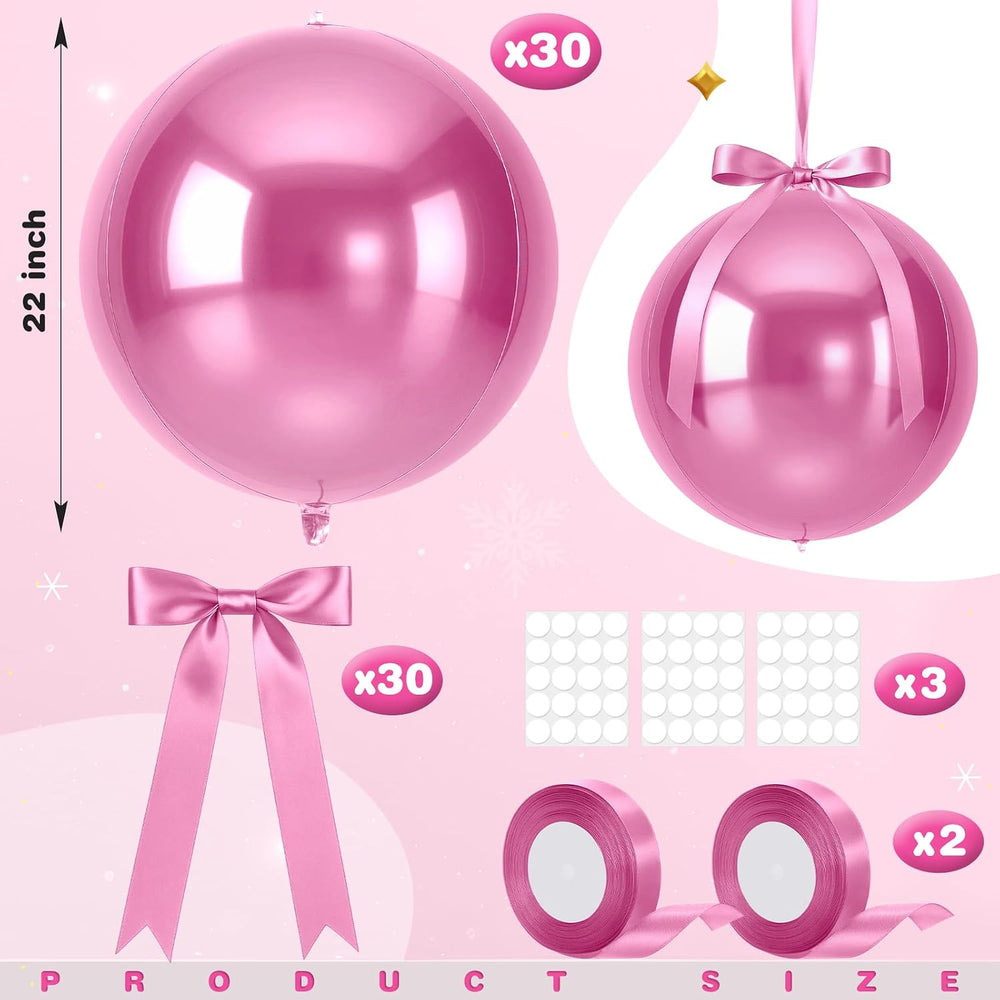 30 Set Pink Round Foil Balloons 22In Giant 4D Ball Metallic Balloons