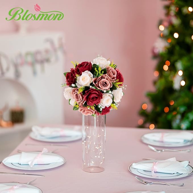 BLOSMON Wedding Flowers Decorations for Table: 6 Pcs Burgundy & Dusty Rose & Creamy White Fake Rose Flowers Balls Centerpieces- Artificial Silk Kissing Floral Arrangements Home Party DIY Decoration