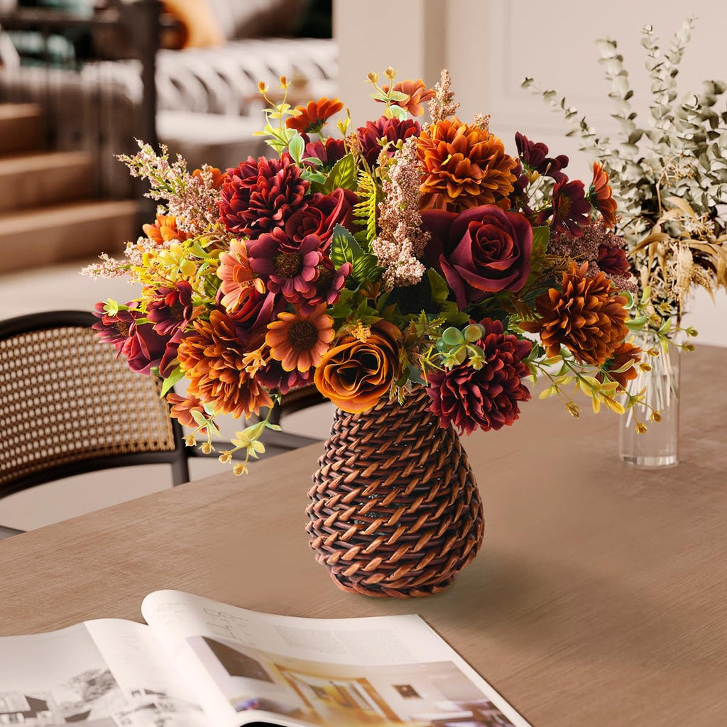 Fall Artificial Faux Flowers in Vase Fake Silk Rose Bouquets Indoor Decor