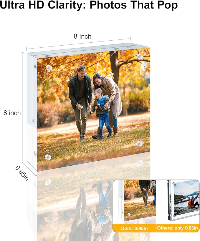 3 Pack 8x8 Acrylic Picture Frames - 20% Thicker Double Sided Magnetic Frame with UV Protection - Freestanding Clear Frameless Display for Tabletops - Modern Photo Frame Set for Home & Office Decor