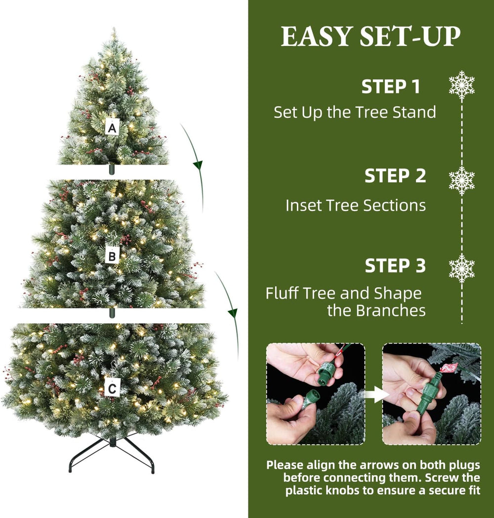 6FT Flocked Prelit Christmas Tree with Pine Needles&Red Berries