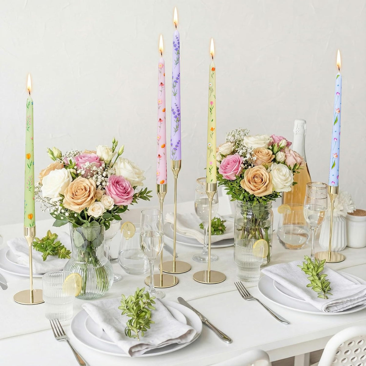 Conelist 12 Pcs 9.8" Floral Long Taper Candles Pastel Flower Candlesticks Tall Smokeless Unscented Decorative Tapered Candles Gifts for Christmas Wedding Home Dinner Party Decorations