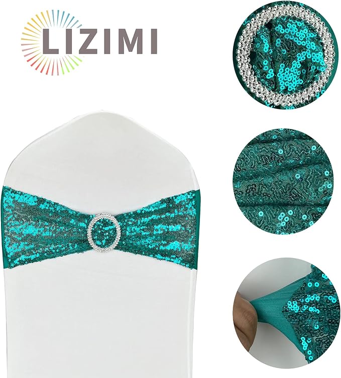 25 Pcs Chair Sashes Sequin Stretch Chair Bands Spandex Polyester Bows for Party Hotel Wedding Banquets Decoration - Teal