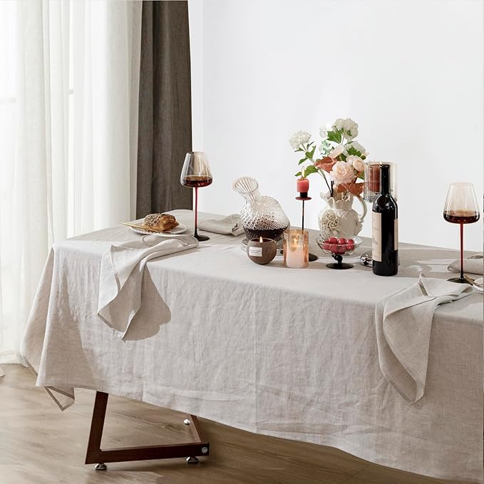 Talasily Linen Tablecloth 100% Pure Linen Table Cloth 60x132 Inches Rectangle Tablecloths Washable Cloths for Kitchen, Dining, Buffet Parties, Holidays, Picnic, Weddings and Restaurants-Natural Linen