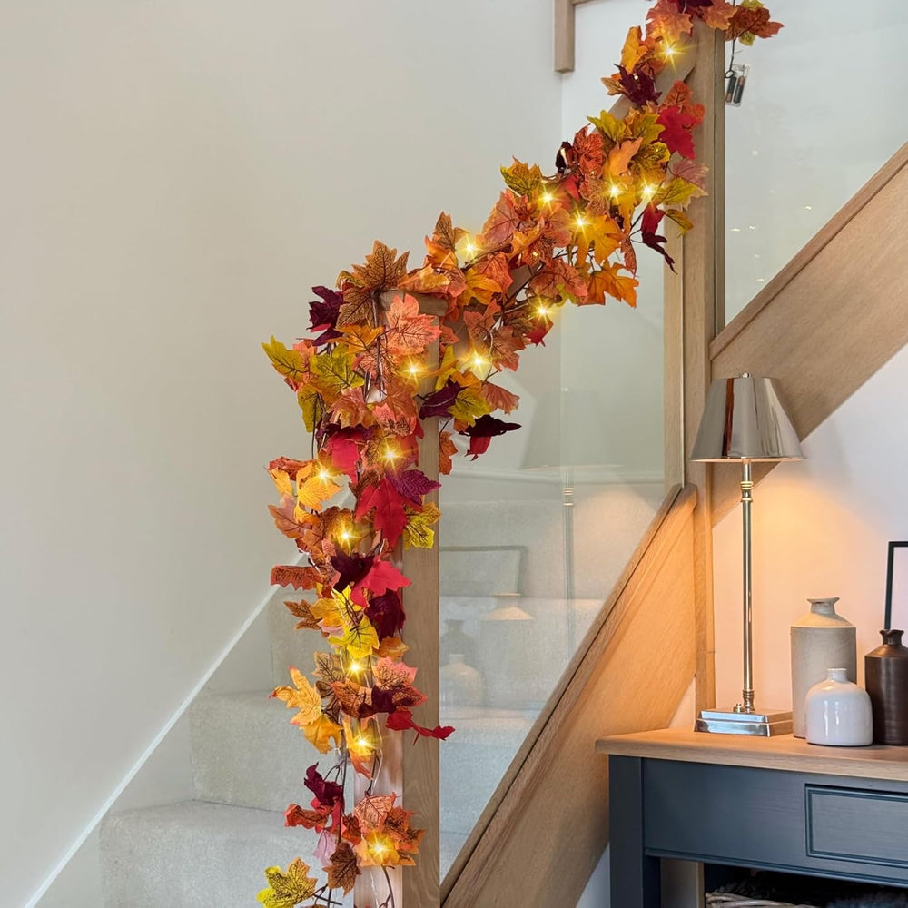 8 Pack Fall Leaf Garland with Lights,Fall Decor Halloween Lights Artificial M...