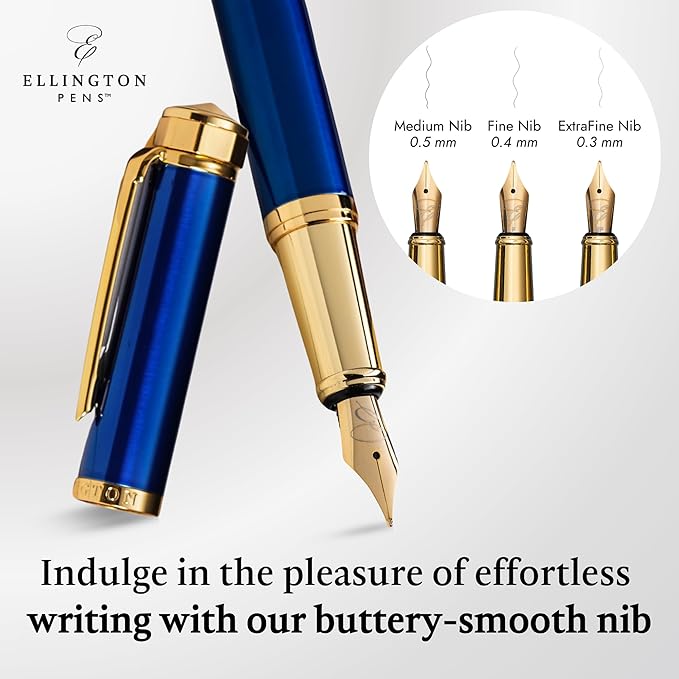 Ellington Pens Luxury Fountain Pen Set- Fountain Pens for Writing - Smooth Extra Fine Nib - Includes Refillable Ink Converter, 3 Ink Cartridges [Black & Blue], Gift Box - Elegant Calligraphy
