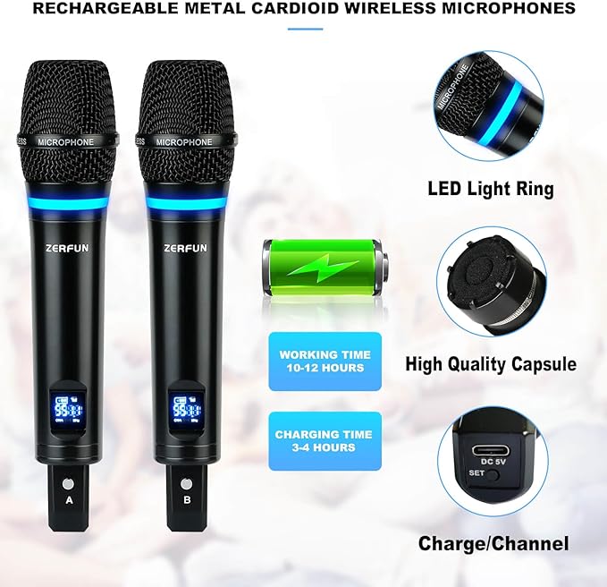 4 Channel Rechargeable Wireless Microphone System, Pro UHF Metal Handheld Wireless Microphones Cordless Mics for Karaoke Singing Church with VOL Control, 4x50 Adjustable Frequency(G8)