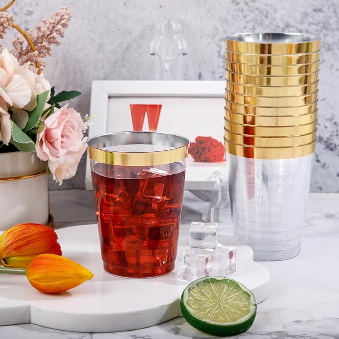DaYammi 200 Pack Gold Plastic Cups 10 Oz Clear Plastic Cups Gold Rimmed Disposable Wine Glasses Heavy Duty Disposable Tumblers Drinking Cocktail Glasses for Party Wedding