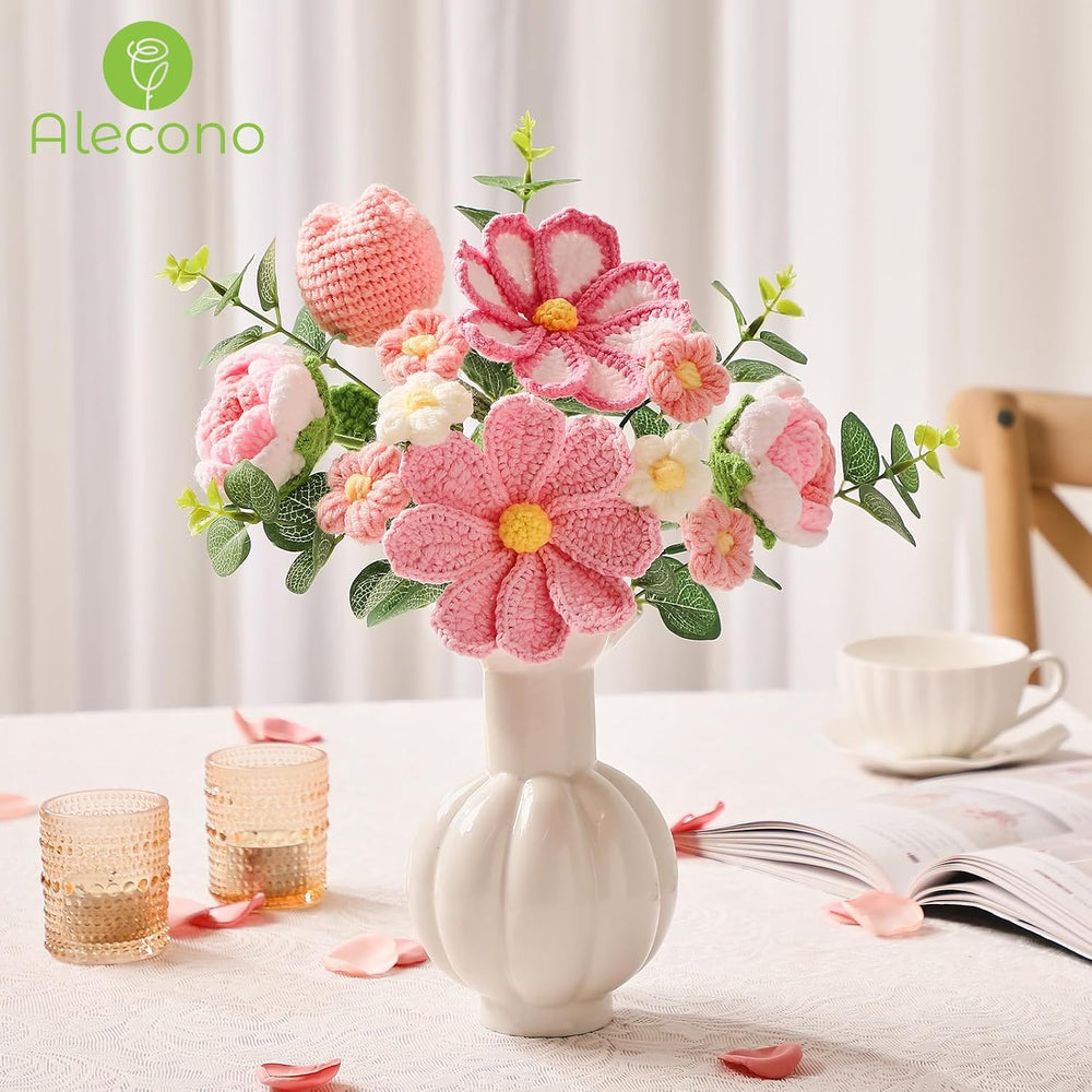 Alecono Crochet Flower Bouquet, Pink Handmade Knitted Flowers, Crochet Tulips...