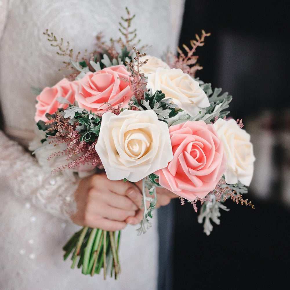100 Pcs Artificial Rose Flowers, Pink, Champagne