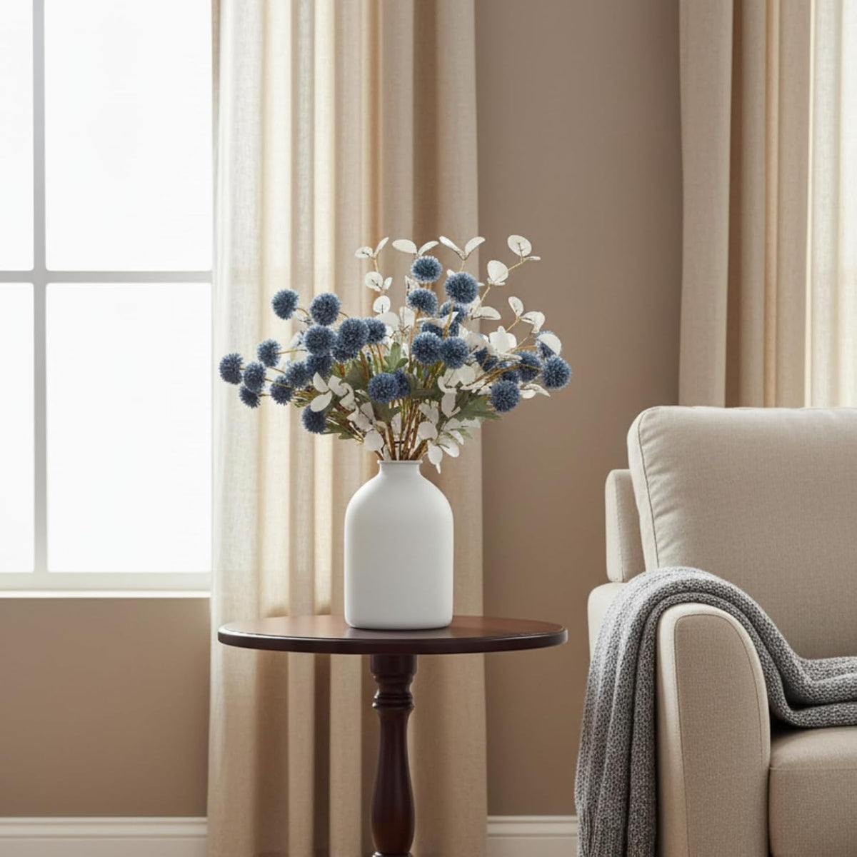 Faux Dusty Blue Flowers, 12 Blue and White Floral Stems For Centerpieces
