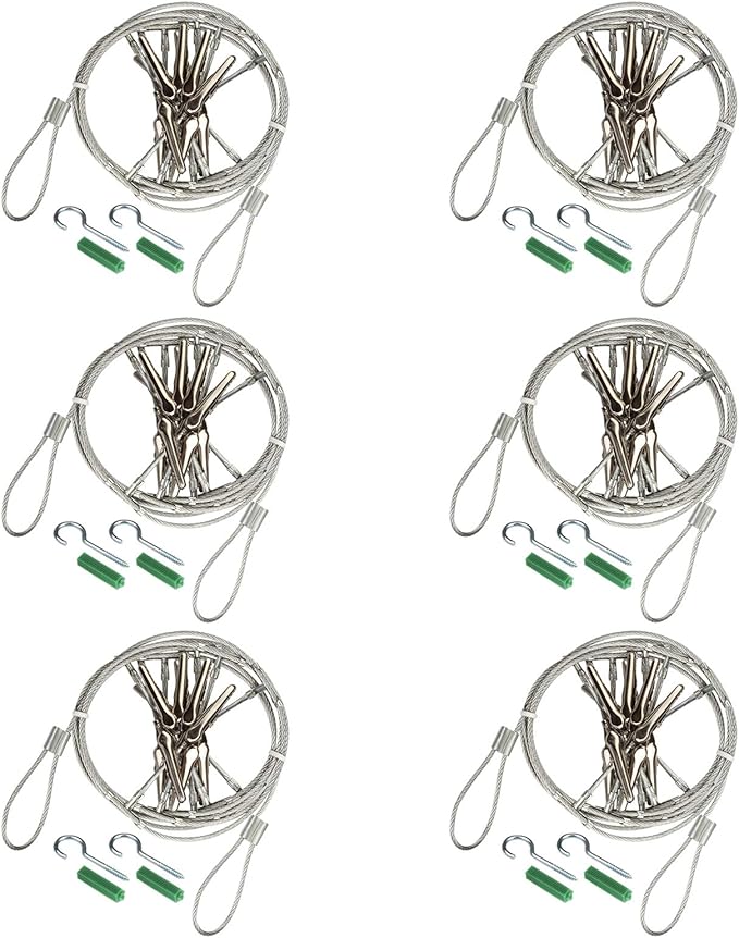 6 Pack 5 ft Steel Wall Hanging Photo Display Cable Wire Rod String with 12PCS Clips, Picture Holders for Kids Crafts, Notes