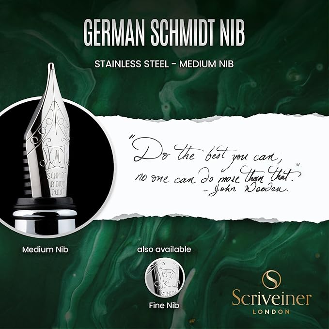 Scriveiner British Racing Green Fountain Pen - Stunning Luxury Pen with Chrome Finish, Schmidt Nib (Medium), Best Pen Gift Set for Men & Women, Professional, Executive, Office, Nice Pens