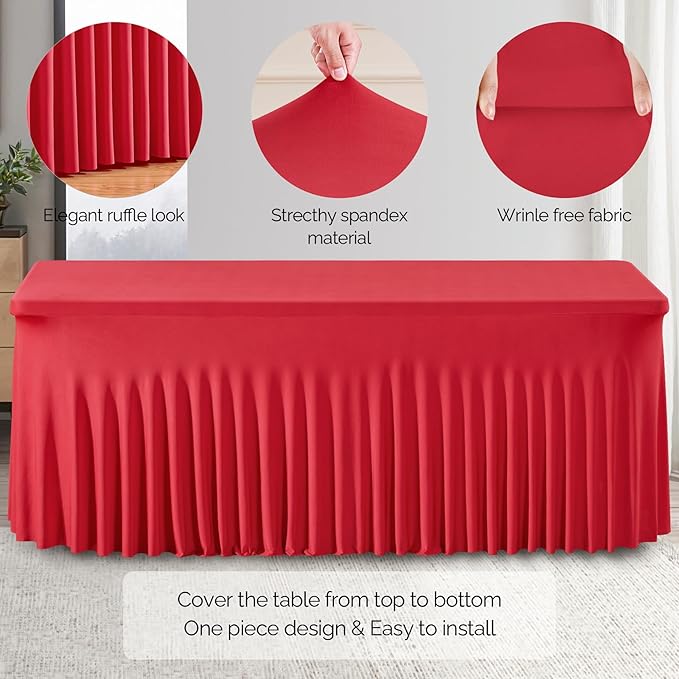 2 Pack Red Spandex Table Clothes for 8 Foot Rectangle Tables, 8FT Wrinkle Free Fitted Tablecloths Ruffles Design Stretch Table Cover for Party, Banquet, Wedding and Events