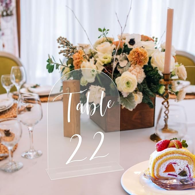 JOYIT Arch Wedding Table Numbers 1-30 with Stands – 5" X 7" Acrylic Table Signs with Clear Background White Text, Perfect Acrylic Table Numbers for Wedding Receptions, Parties, Anniversaries, and Events