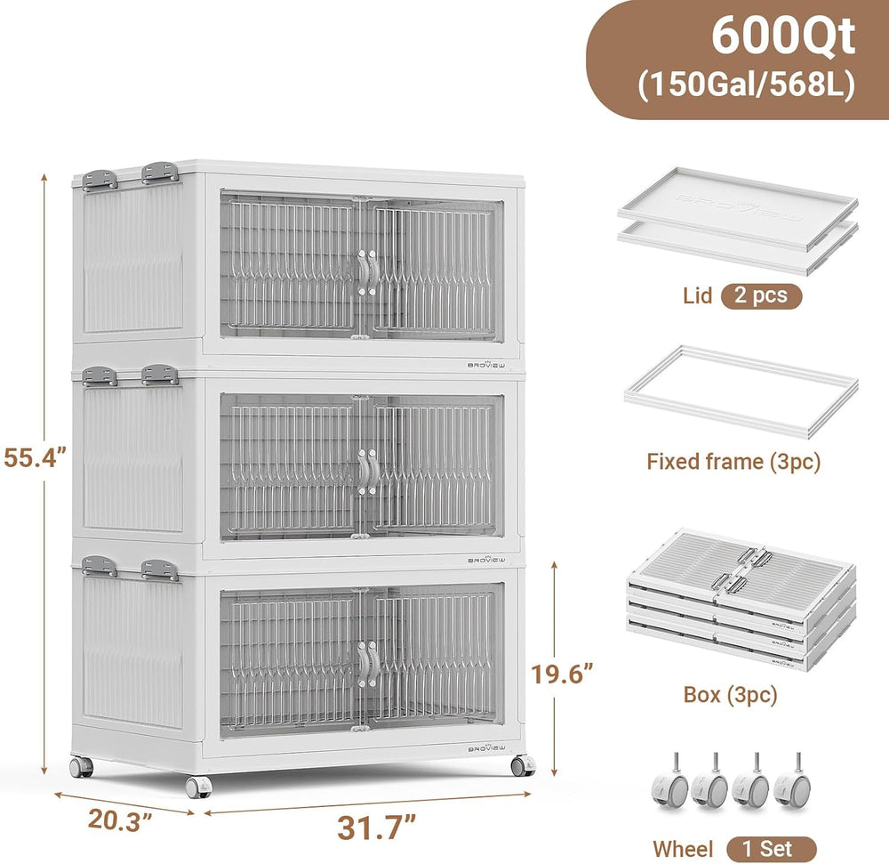 BROVIEW 600Qt Stackable Storage Bins with Lid for Home Dorm, 3Pack White