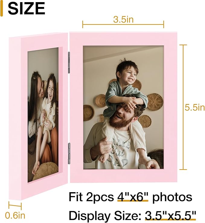 decorUhome Double 4x6 Picture Frame Vertical, Engineered Wood Bifold Photo Frame with Plexiglass for Tabletop Display, 4x6, Pink