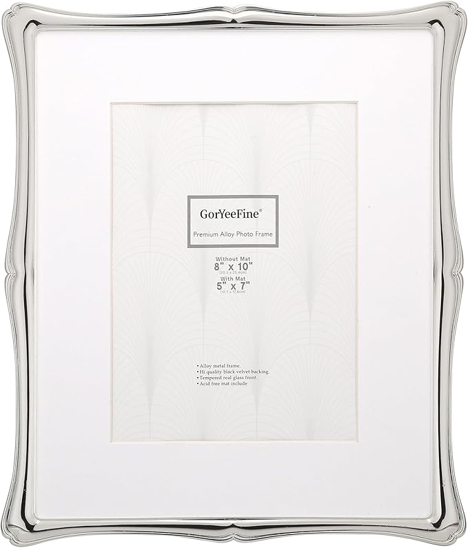 8 x 10'' Premium Alloy Silver Photo Frame with 5x7'' Mat - Luxury Hi End Display Picture Frames 5x7'' with Black Velevt Back