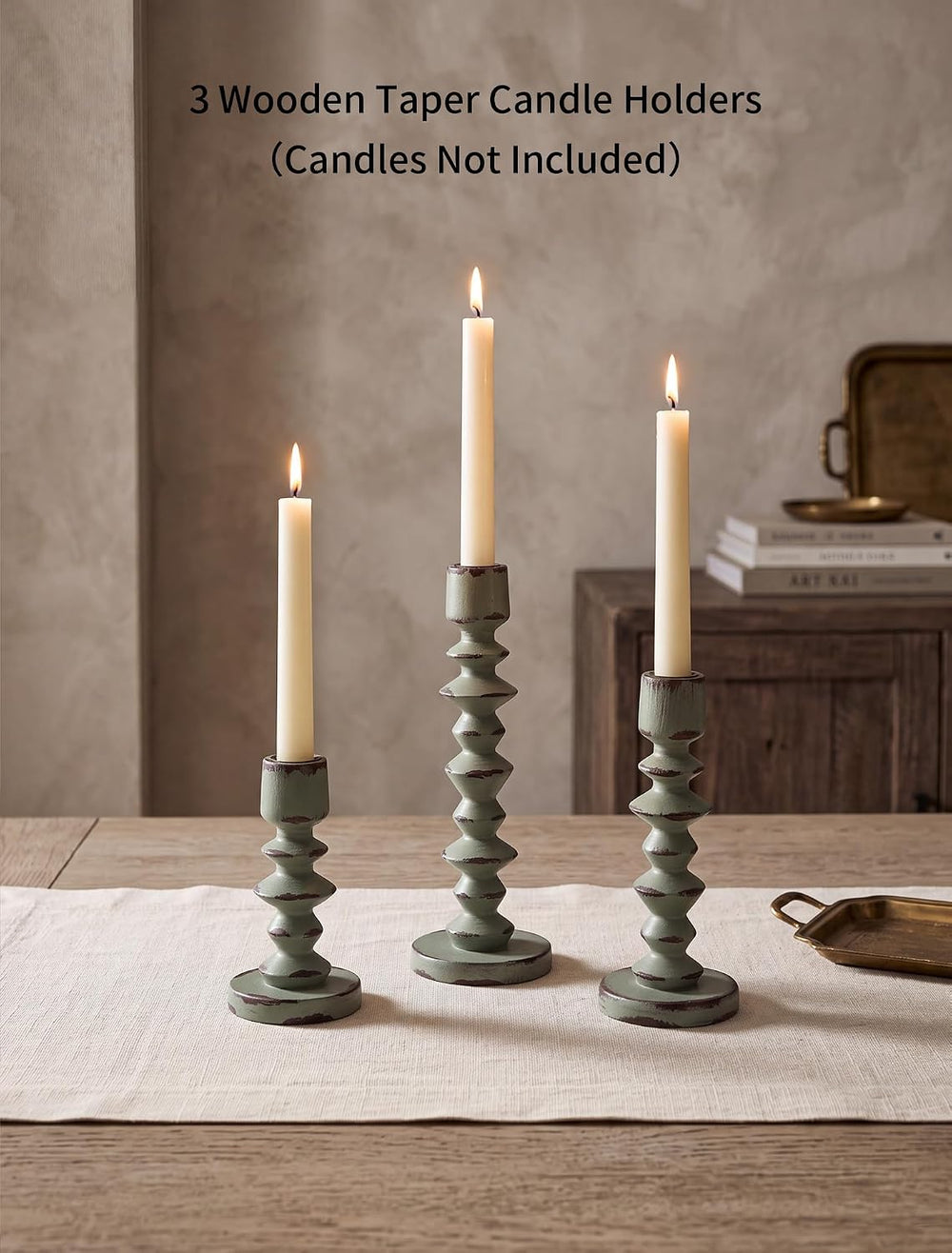 NUPTIO Wood Vintage Candlestick Holders: Set of 3 Rustic Green for Tapers