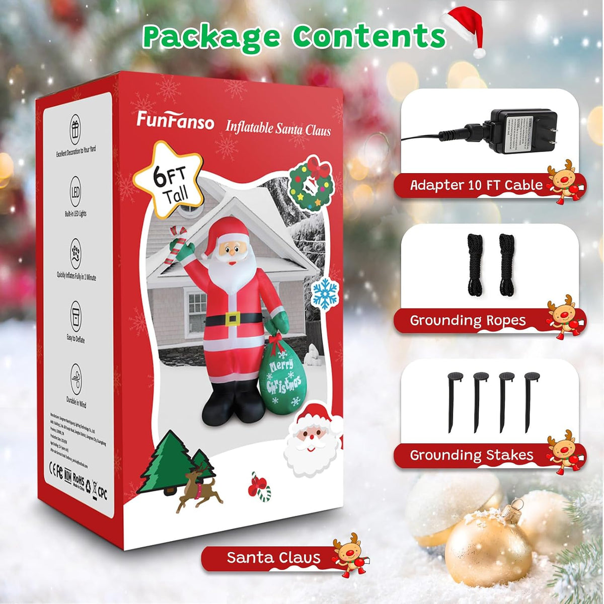 6 ft christmas inflatable santa with candy and, package contents