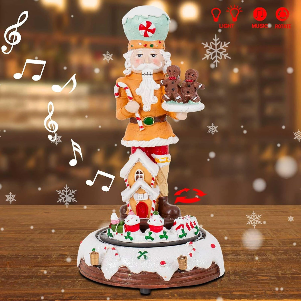 innodept12 Christmas Gingerbread Nutcracker Collection Figurines, Animated Rotating Train Tiered Nutcracker Decor with LED Light, Indoor Winter Table Desktop Fireplace Decorations