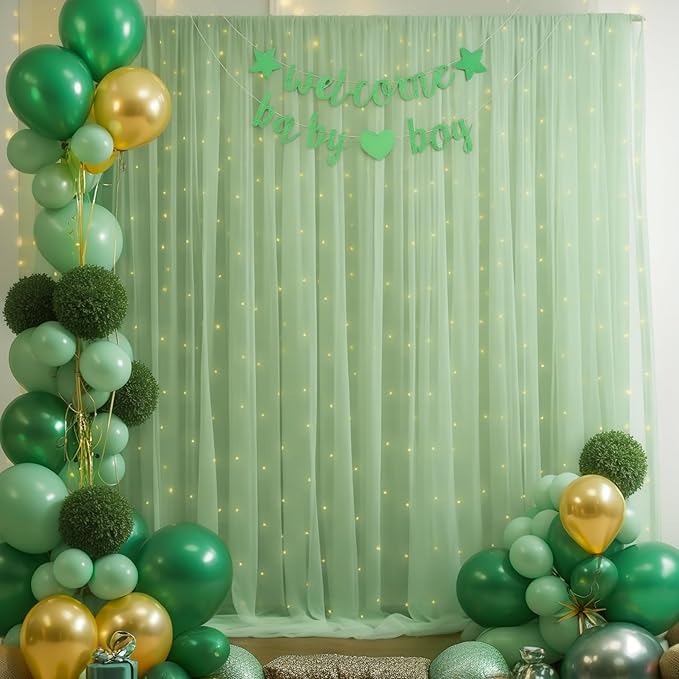 20×10ft Green Tulle Backdrop Curtain with Lights String for Parties, Sheer Photo Backdrop Curtains for Wedding Party Photography Background