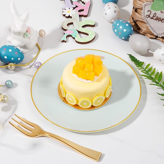 Festiva 200Pcs Pale Sage Green Gold Cake Plates 6.3" with Plastic Forks 5"- Disposable Salad Plates-Green Dessert Plates-Appetizer Plastic Plates - include 100Plates 100Forks for Party&Wedding&Easter
