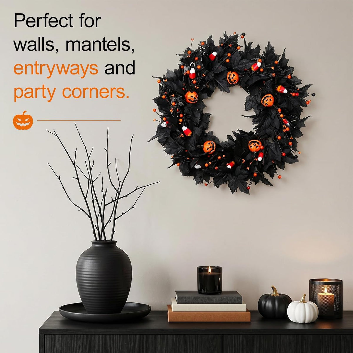 pumpkin halloween wreath 24 inch black maple leave on a desk or shelf