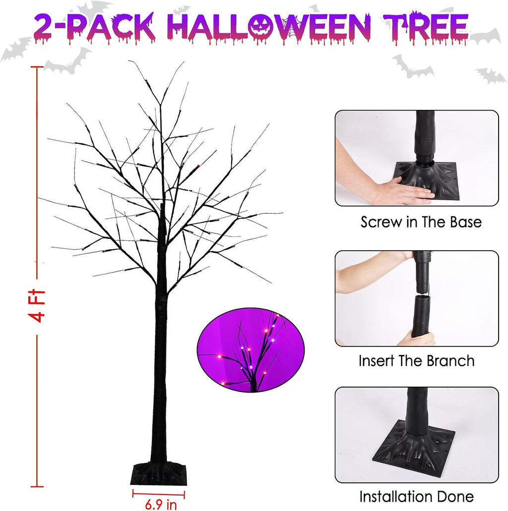 4 ft lighted black halloween tree lights with shown in use