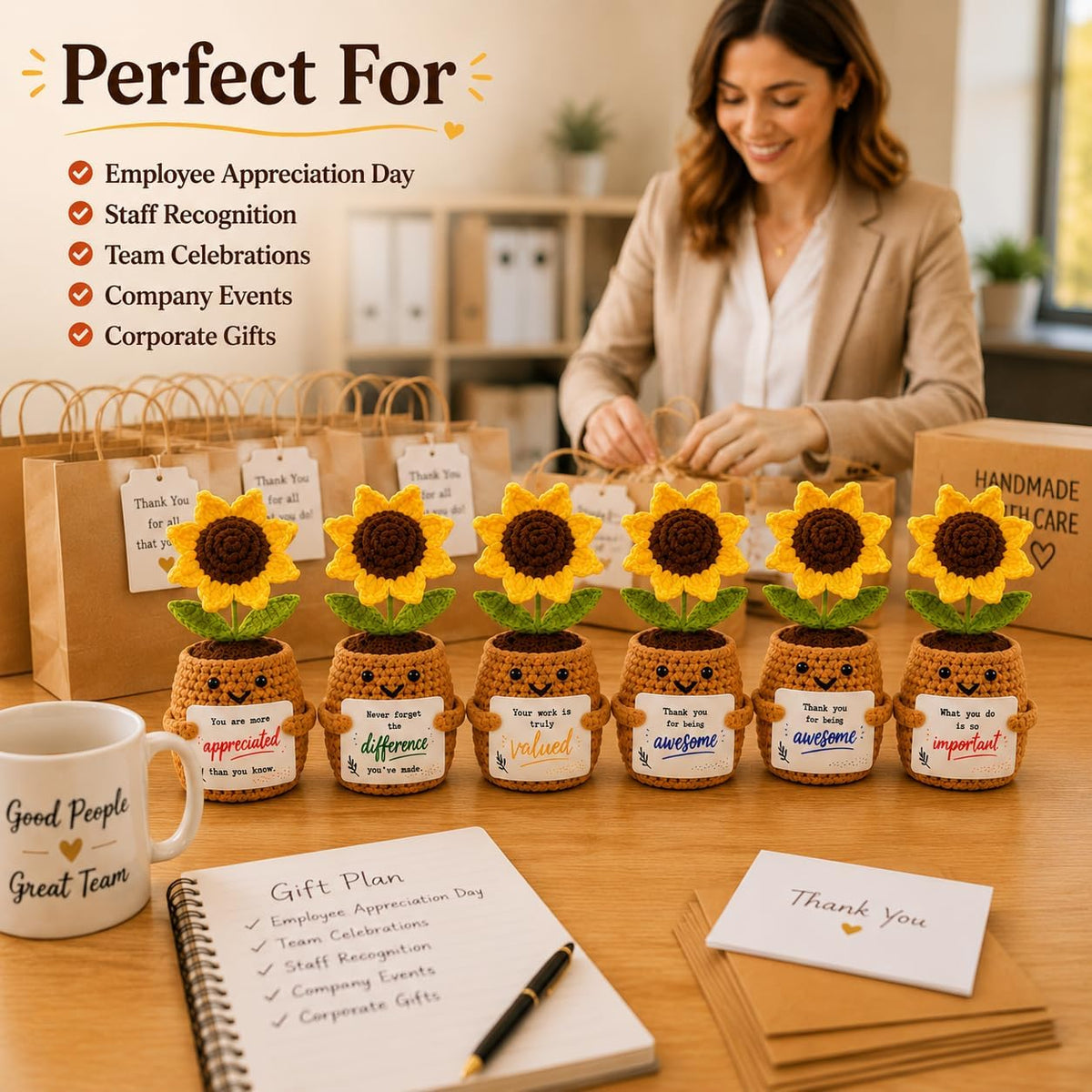 Handmade Positive Sunflower Crochet with Cards - Appreciation Gift for Coworkers, Teachers, Nurses and Friends - Desk Decor (6 Pack)