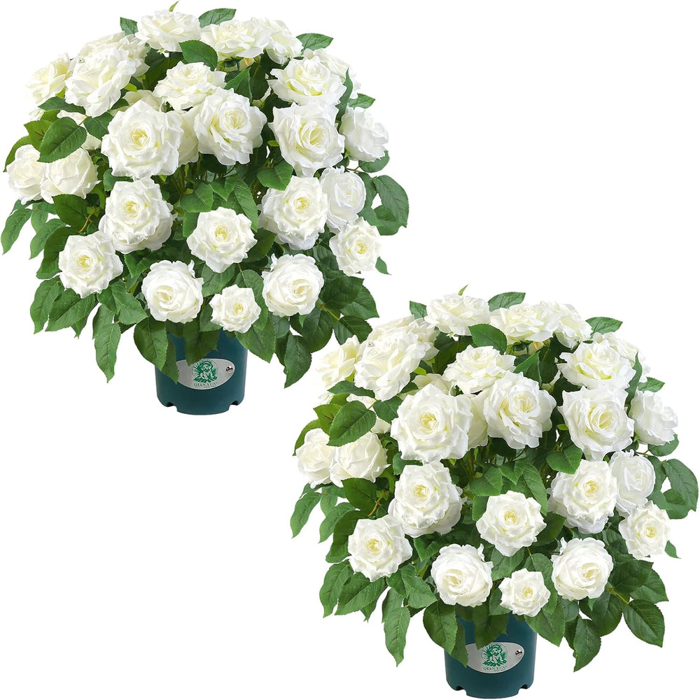 Artificial White Rose Plant, 18" UV Resistant Faux Flowers in Pot for Ou...