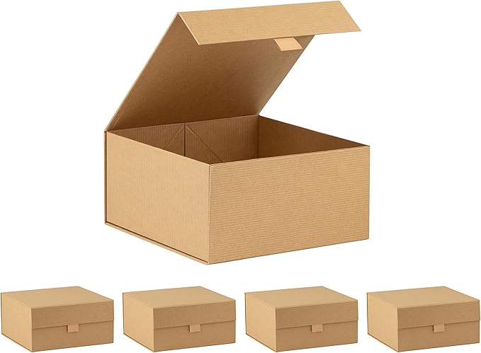 Purple Q Crafts 5 Pack Brown Kraft Ribbed Hard Gift Box With Magnetic Closure Lid 8"x8"x4" Square Favor Boxes With Classy Ribbed Paper Finish…