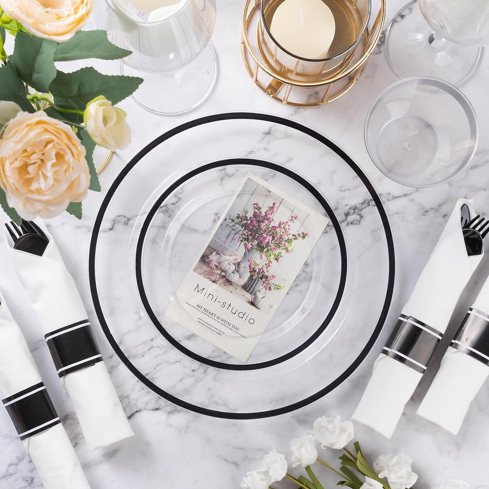 350 Pcs Clear Plastic Plates with Black Rim, Plastic Dinnerware