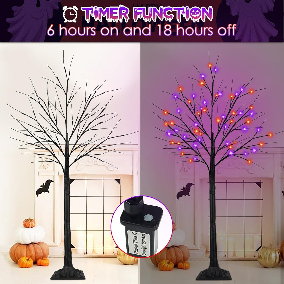 6ft lighted black halloween tree with 288 led shown in use