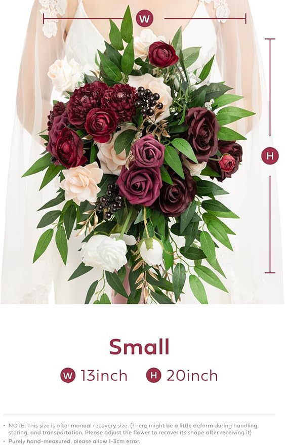 Ling's moment Burgundy Bridal Bouquet Cascading, Marsala Wedding Bouquets for Bride, 13 Inch Bride Bouquets for Wedding Artificial Flowers Bouquets