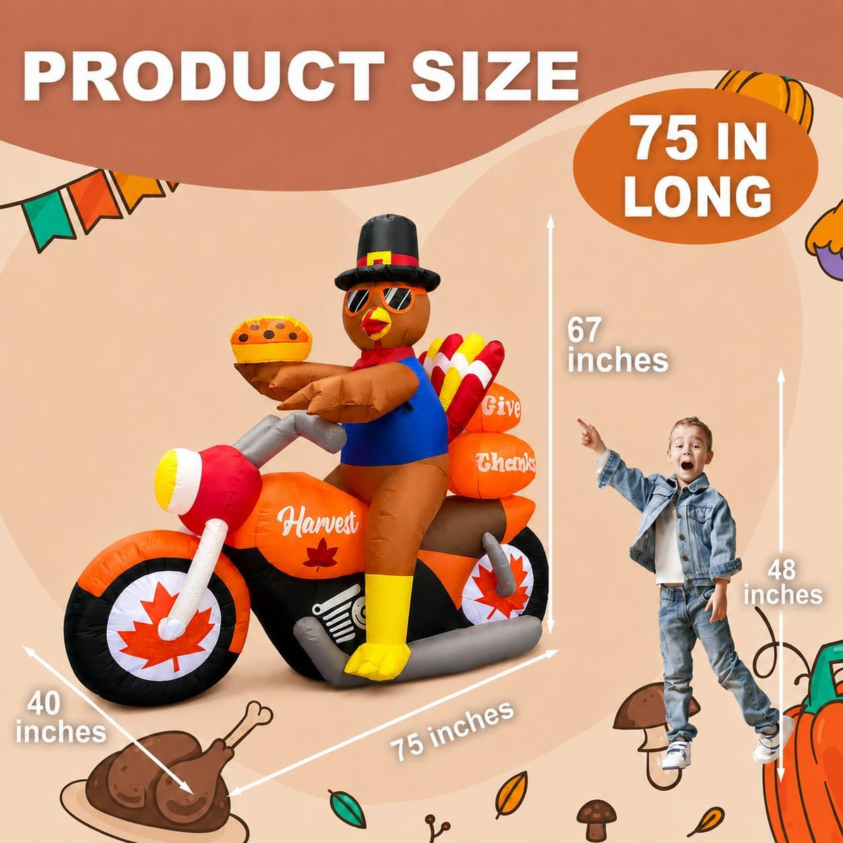 6.3ft long thanksgiving inflatable turkey riding motorcycle outdoor, close-up detail