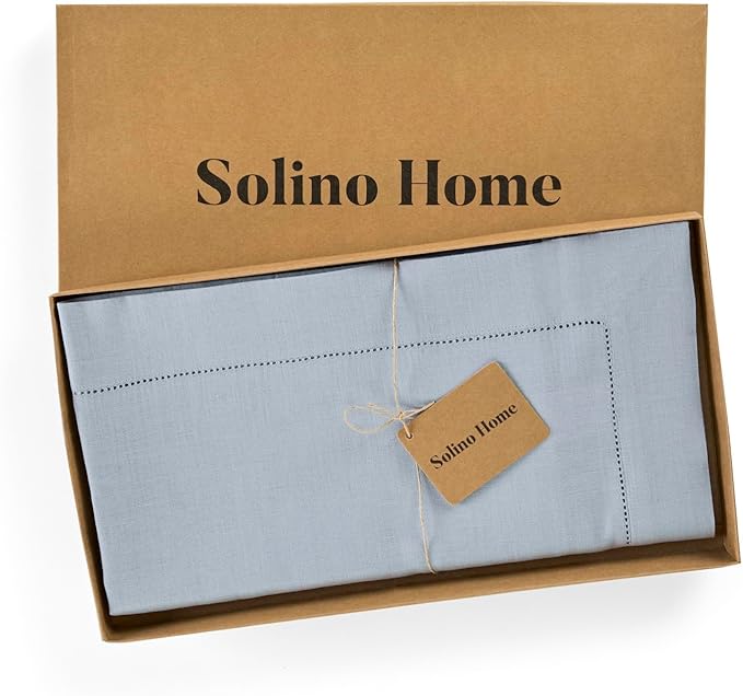 Solino Home Linen Tablecloth 52 x 52 Inch - 100% Pure Linen Dusty Blue Square Tablecloth - Classic Hemstitch, Machine Washable Table Throw for Fall, Autumn, Thanksgiving