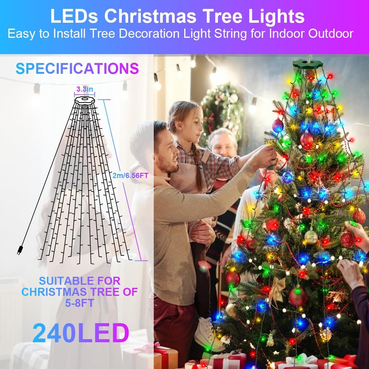christmas tree lights, tree topper lights, 6.6ft 240, close-up detail